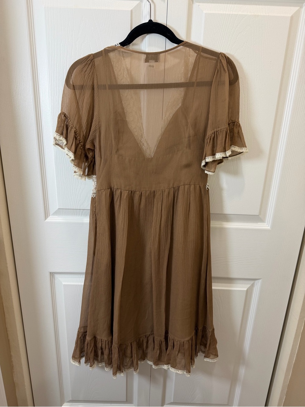 MIGUELINA Boho Lace-Trim V-Neck Mini Dress in Brown Small - Picture 3 of 6